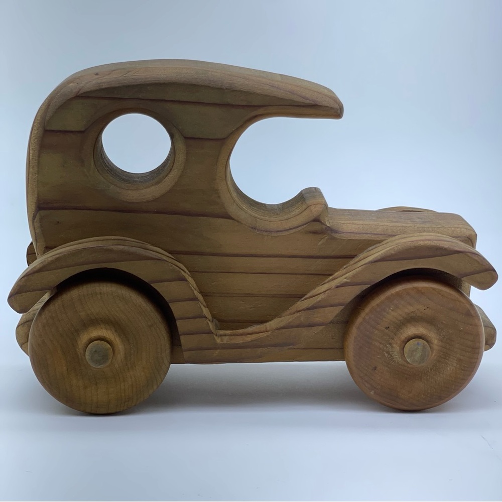 Vintage Wood Car Folk Art Decor Toy Ford Model T Rolling Wheels Man Cave Wooden